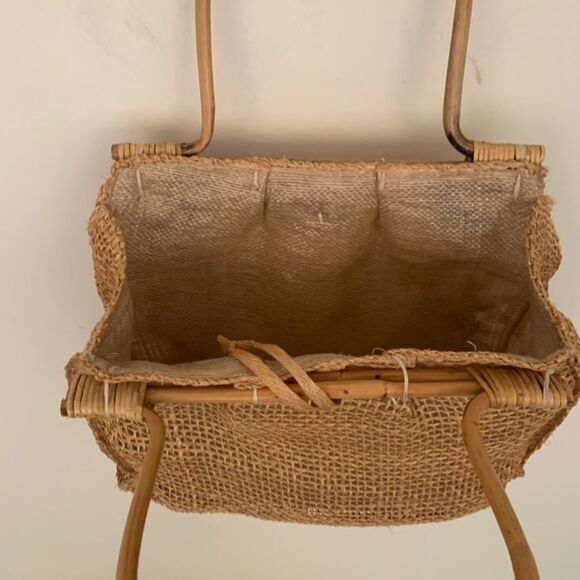 Boho Burlap Bamboo Flowers Large Shopper Tote Handbag Purse Satchel - Picture 6 of 8